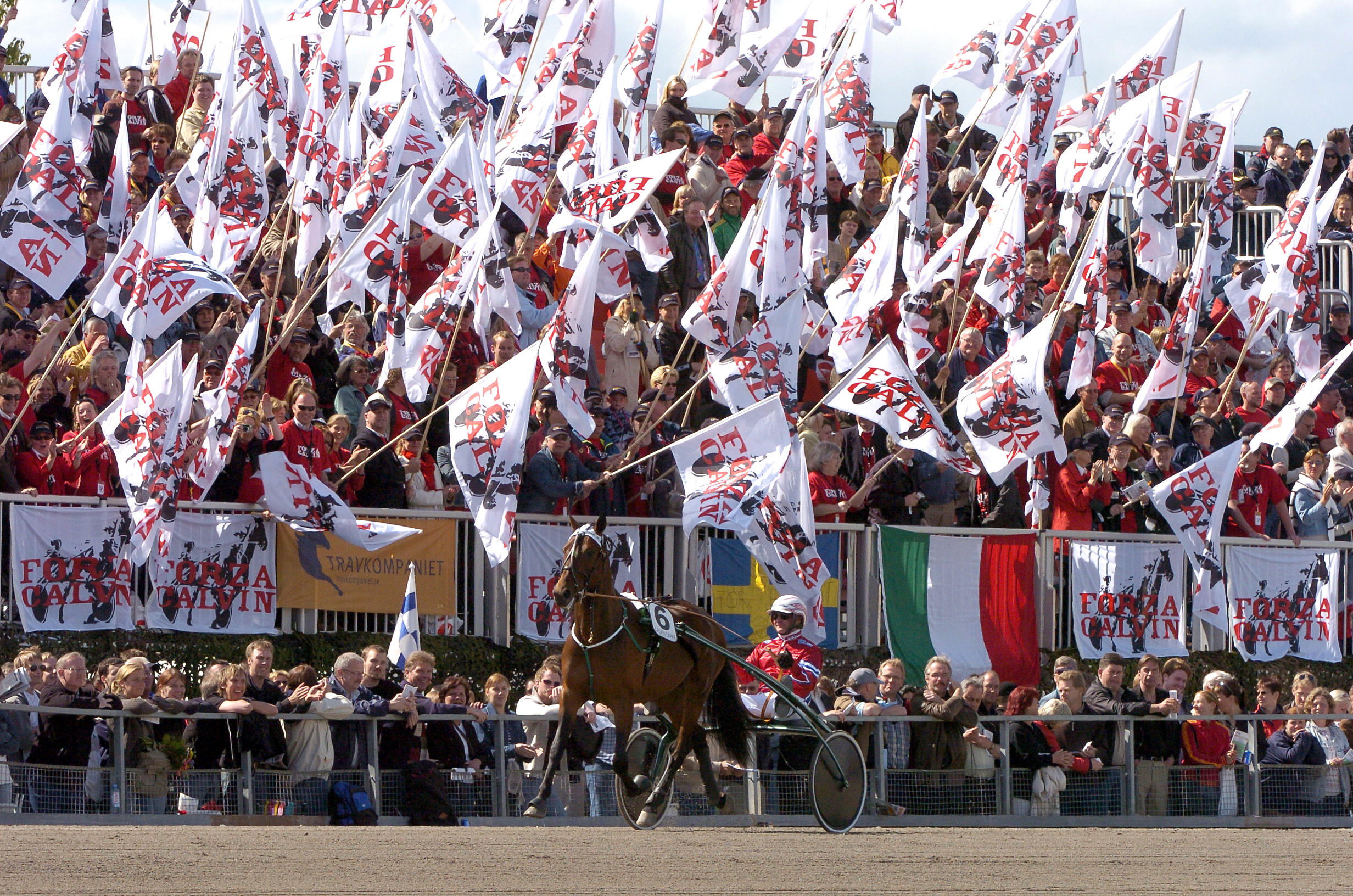 Calvin Capar och Hans-Owe framför sin gigantiska hejaklack inför Elitloppet. Foto; ALN